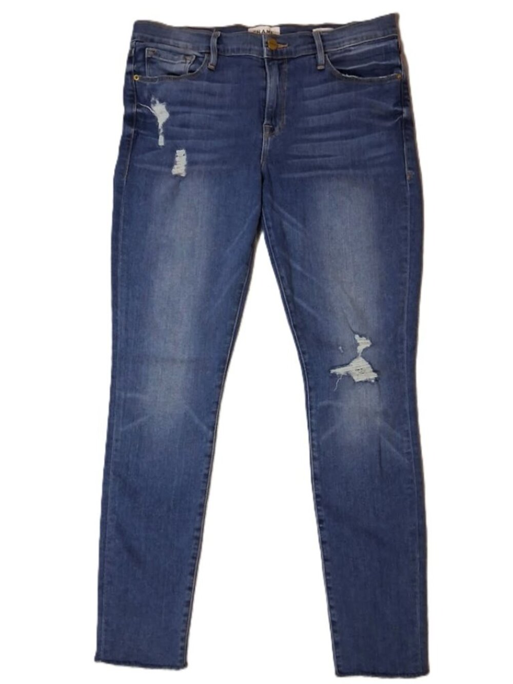 Frame Le Skinny De Jeanne in Arenas Blue Distressed Mid Rise Jeans Woman's 30